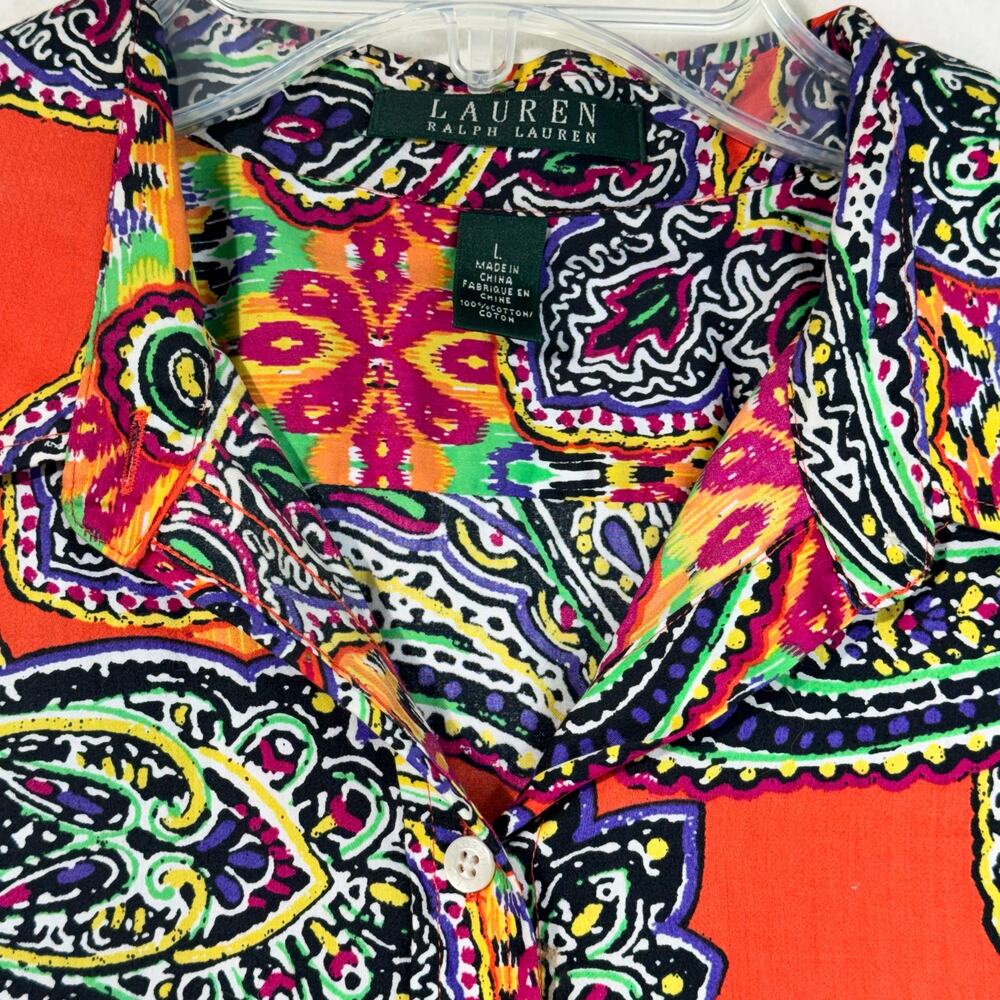 Ralph Lauren Vibrant Colorful Paisley Print Orange Button-Up Sateen Shirt Large - Picture 5 of 8